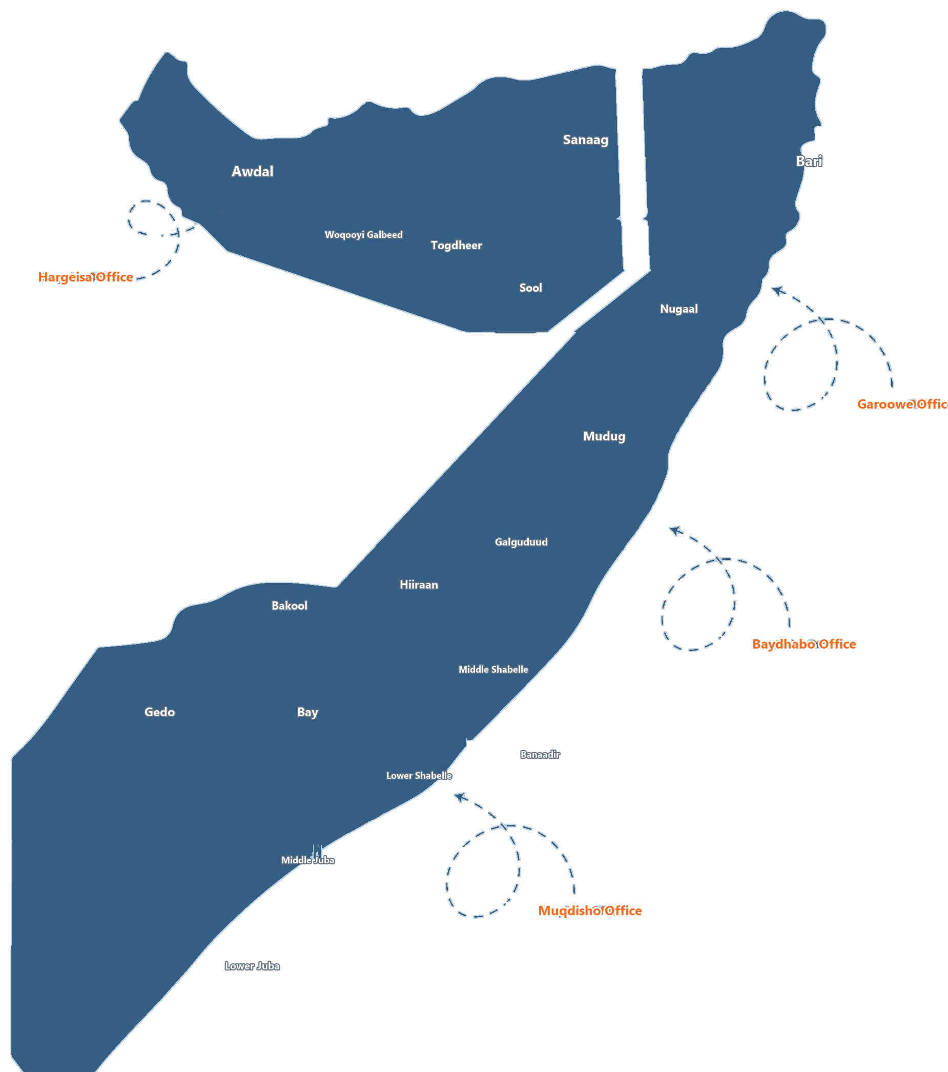 Map of Somaliland and Somalia showing ASER offices and administrative regions.